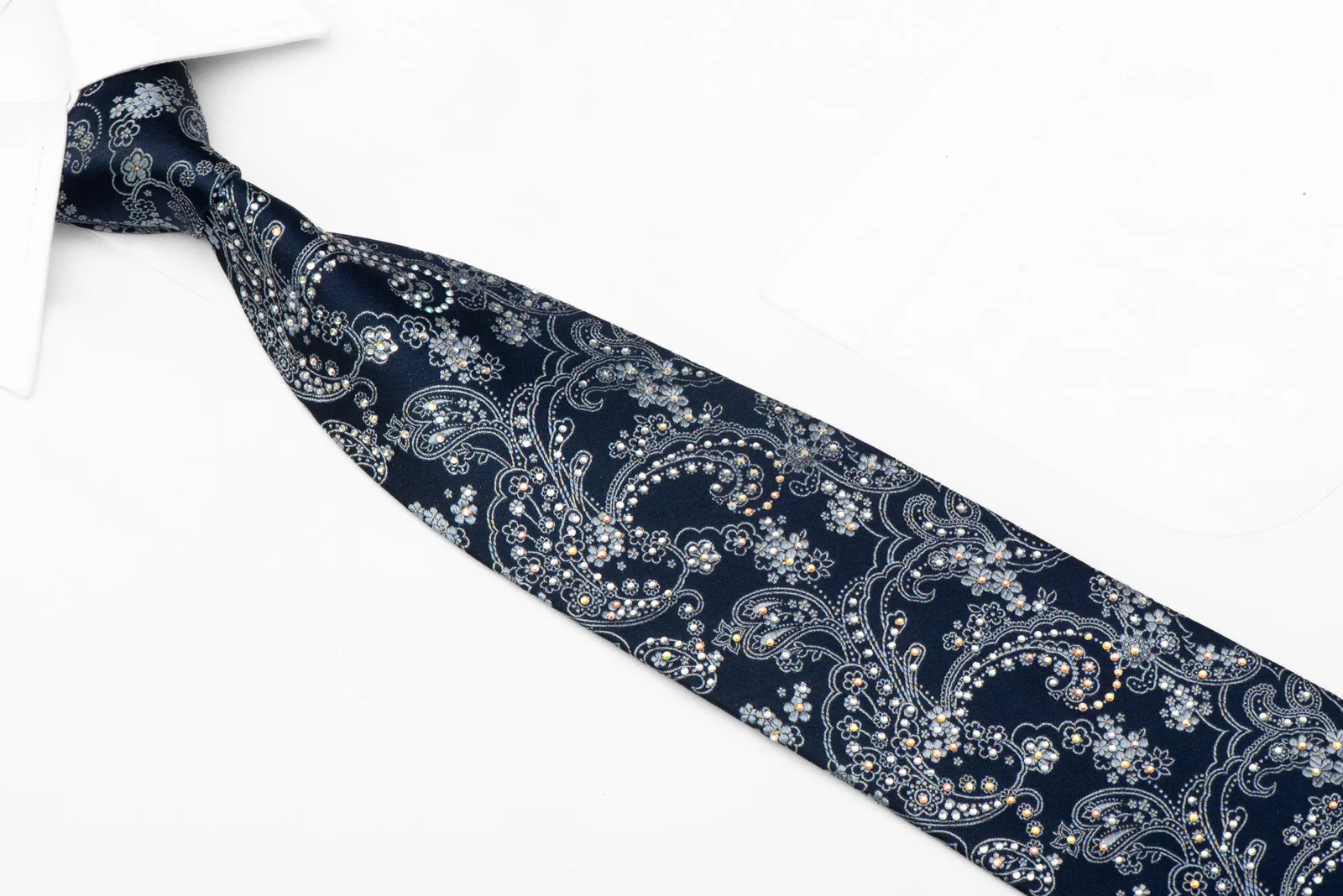 Acanthus On Dark Blue Rhinestone Tie With Gold Sparkles - Image 2