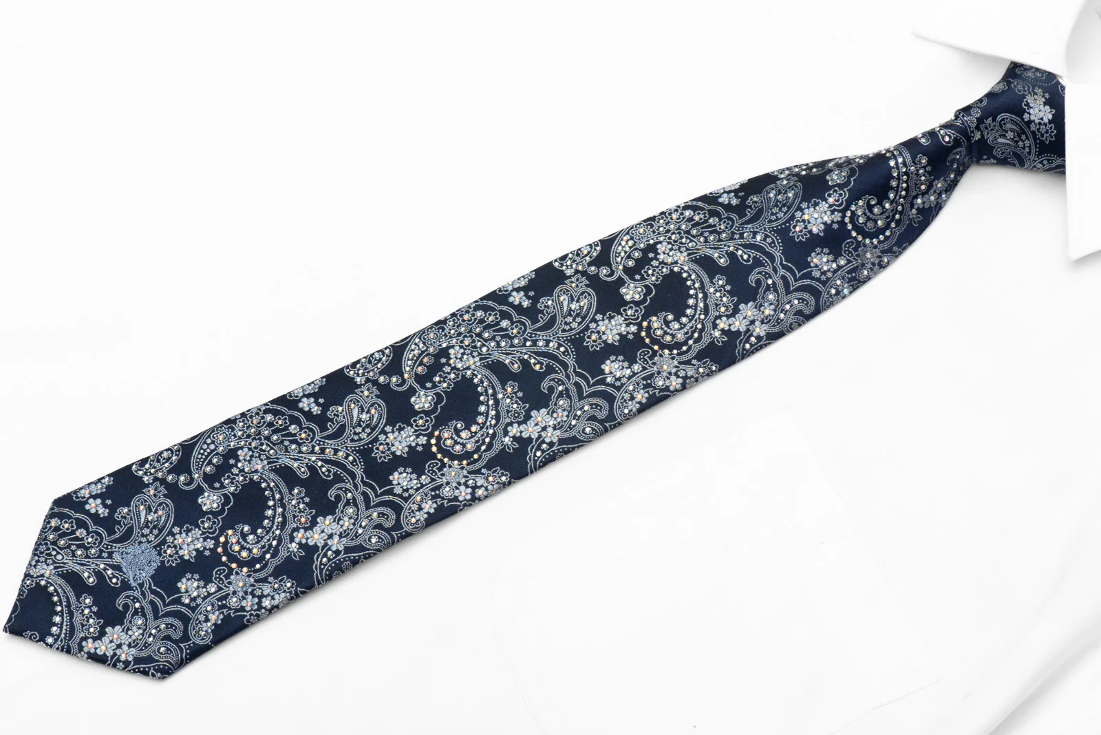 Acanthus On Dark Blue Rhinestone Tie With Gold Sparkles - Image 3