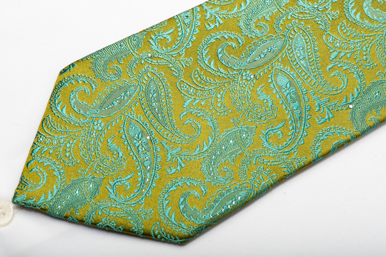 Andre Kim Men's Silk Necktie Turquoise Paisley On Green Sparkling With Rhinestones - Image 3