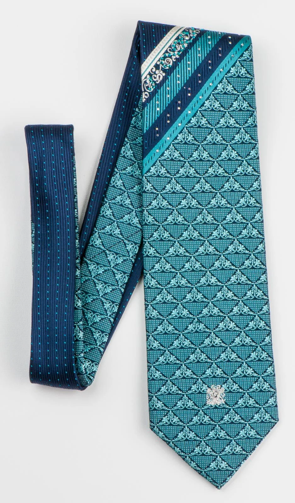 Andre Kim Men's Silk Rhinestone Tie Turquoise Anthemion On Navy Blue With Sparkles - Image 3