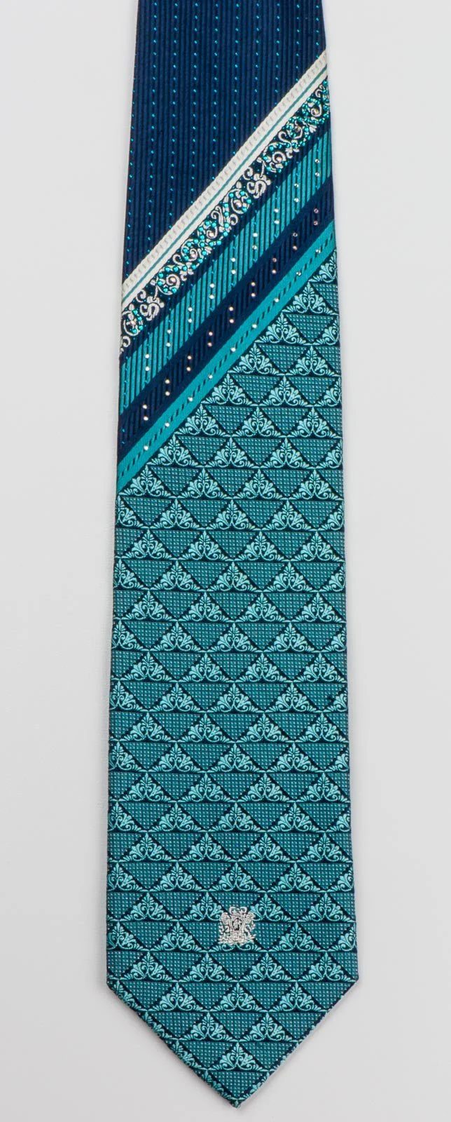 Andre Kim Men's Silk Rhinestone Tie Turquoise Anthemion On Navy Blue With Sparkles - Image 5