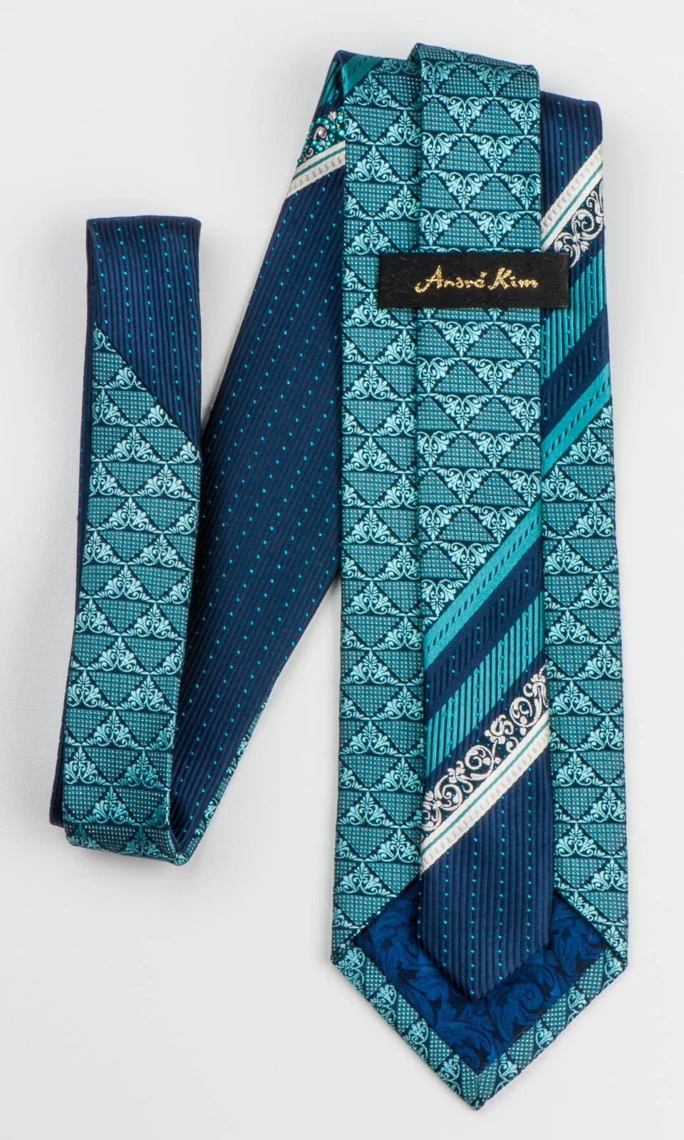 Andre Kim Men's Silk Rhinestone Tie Turquoise Anthemion On Navy Blue With Sparkles - Image 7
