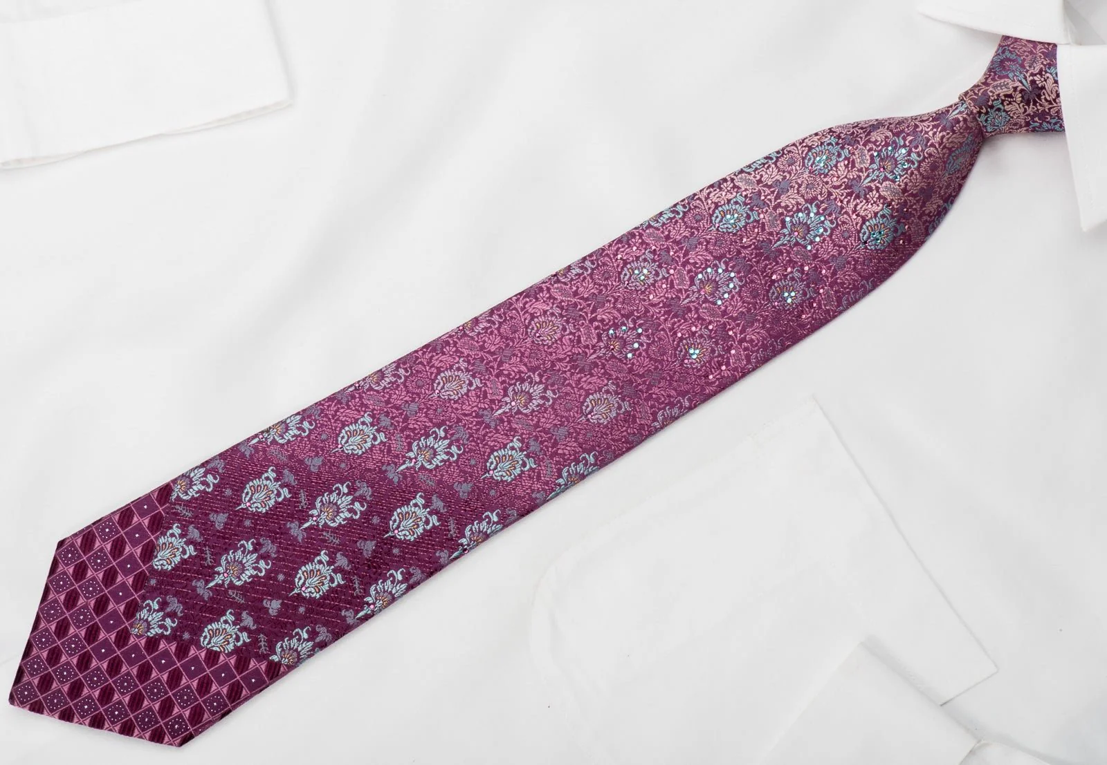 Andre Kim Rhinestone Silk Tie Anthemion On Purple With Golden Sparkles - Image 4