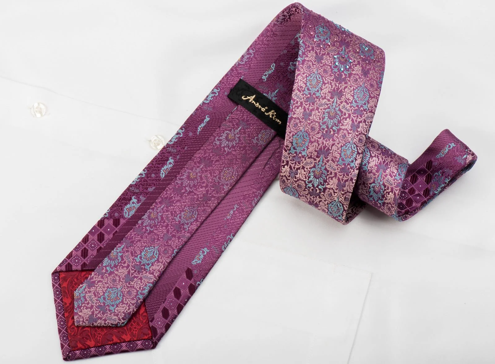 Andre Kim Rhinestone Silk Tie Anthemion On Purple With Golden Sparkles - Image 5