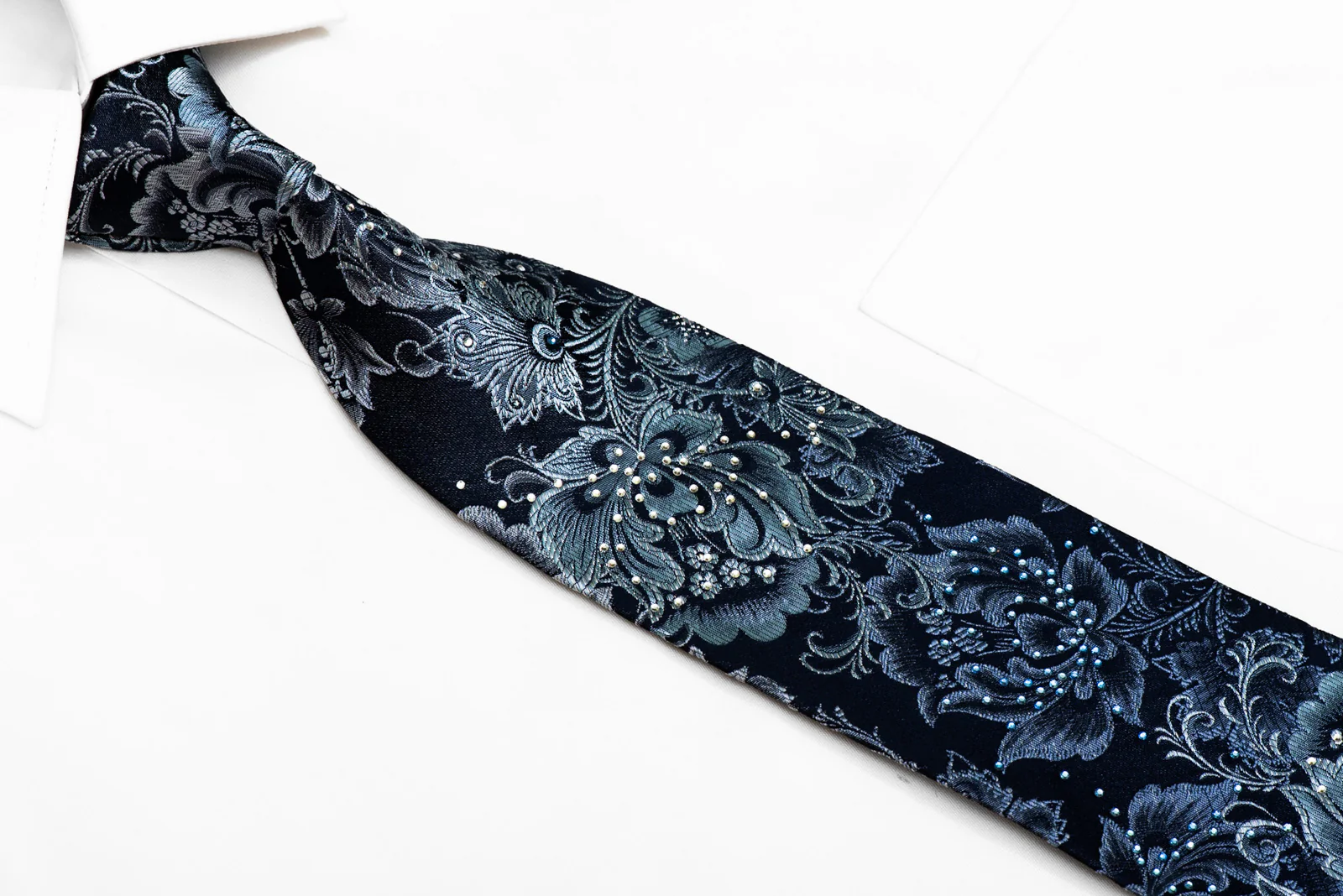 Anthemion Floral On Blue Rhinestone Silk Necktie - Image 2