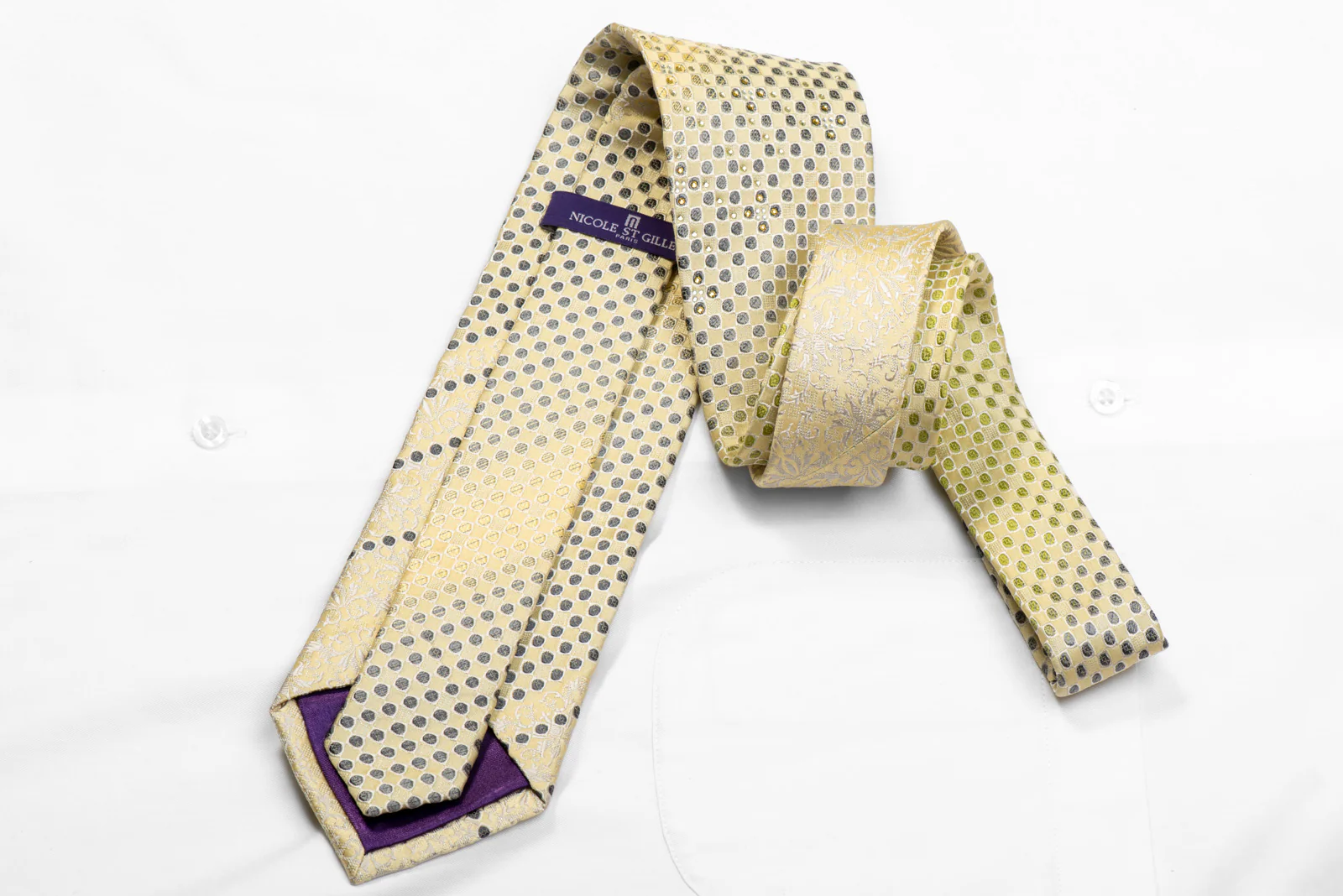 Anthemion On Yellow Rhinestone Silk Necktie With Sparkles - Image 4