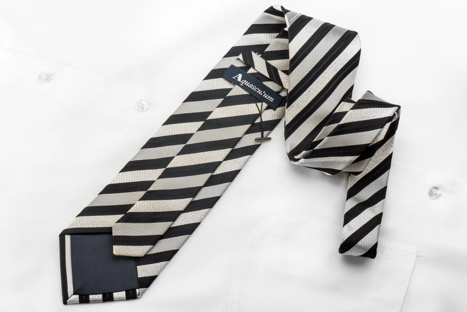 Aquascutum Men's Crystal Silk Necktie Black Silver Striped With Silver Sparkles - Image 4