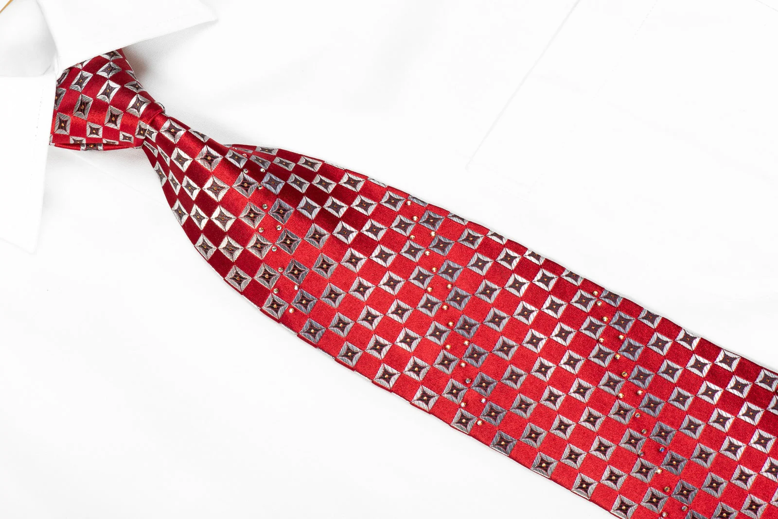 Aquascutum Men's Crystal Silk Necktie Silver Black Checkered On Burgundy With Gold Sparkles - Image 2