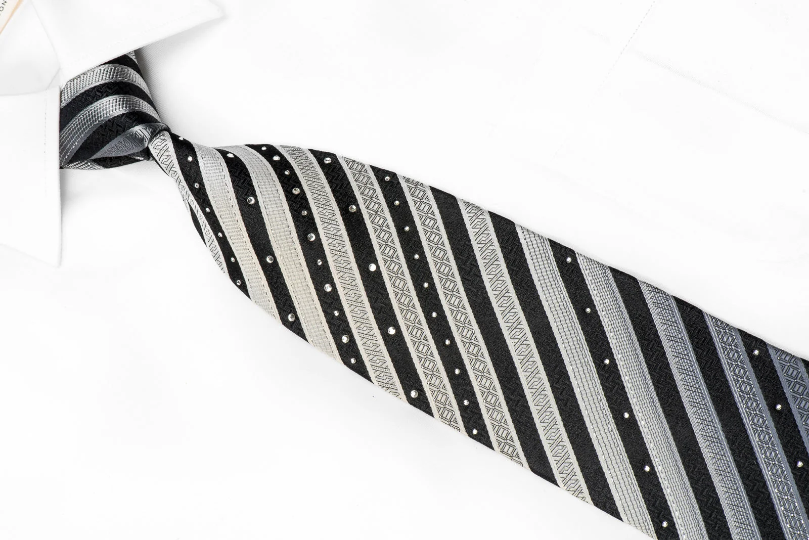 Aquascutum Men's Crystal Silk Necktie Silver Black Striped With Silver Sparkles - Image 3