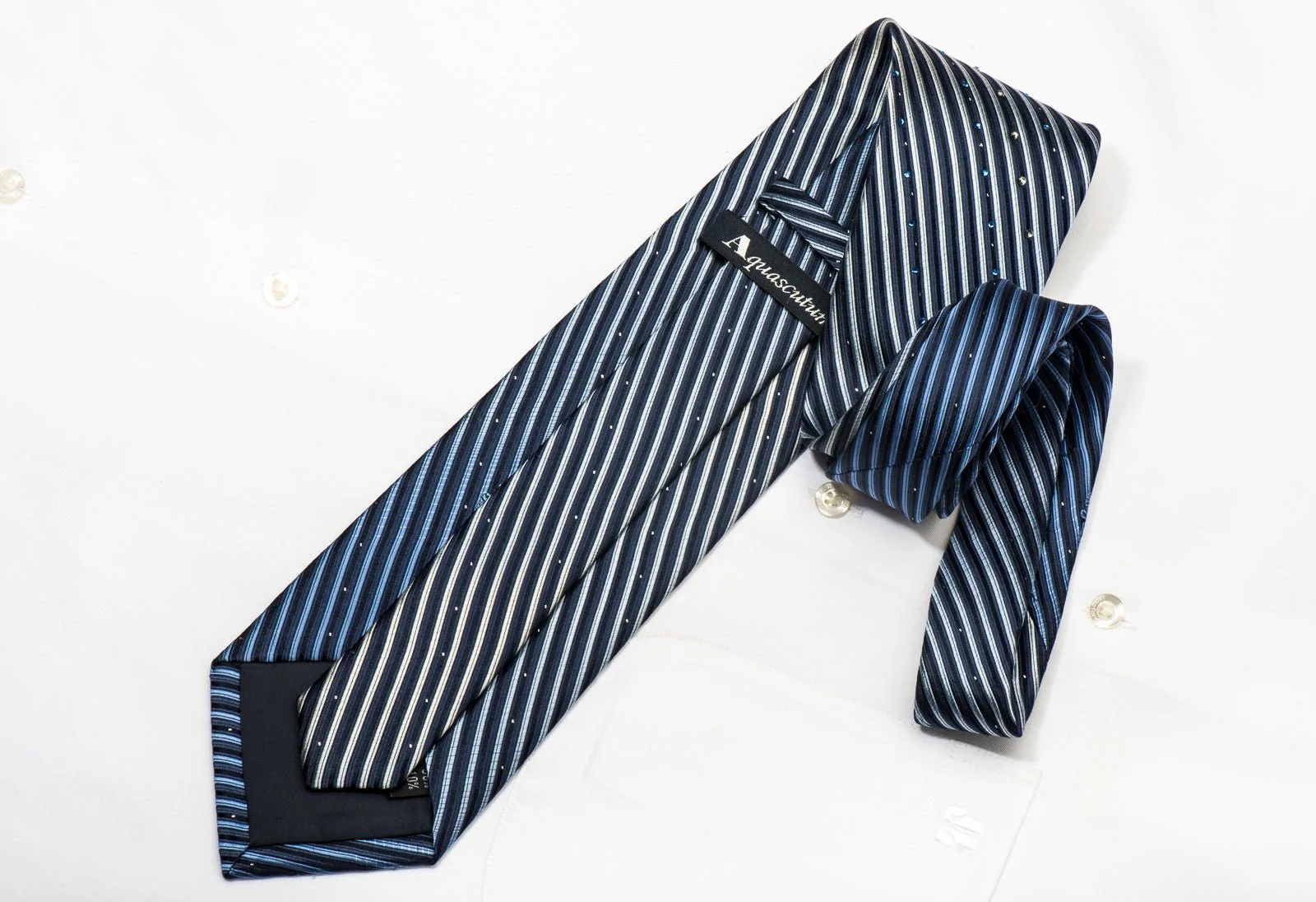 Aquascutum Men's Rhinestone Silk Tie Striped On Blue With Silver Sparkles - Image 4