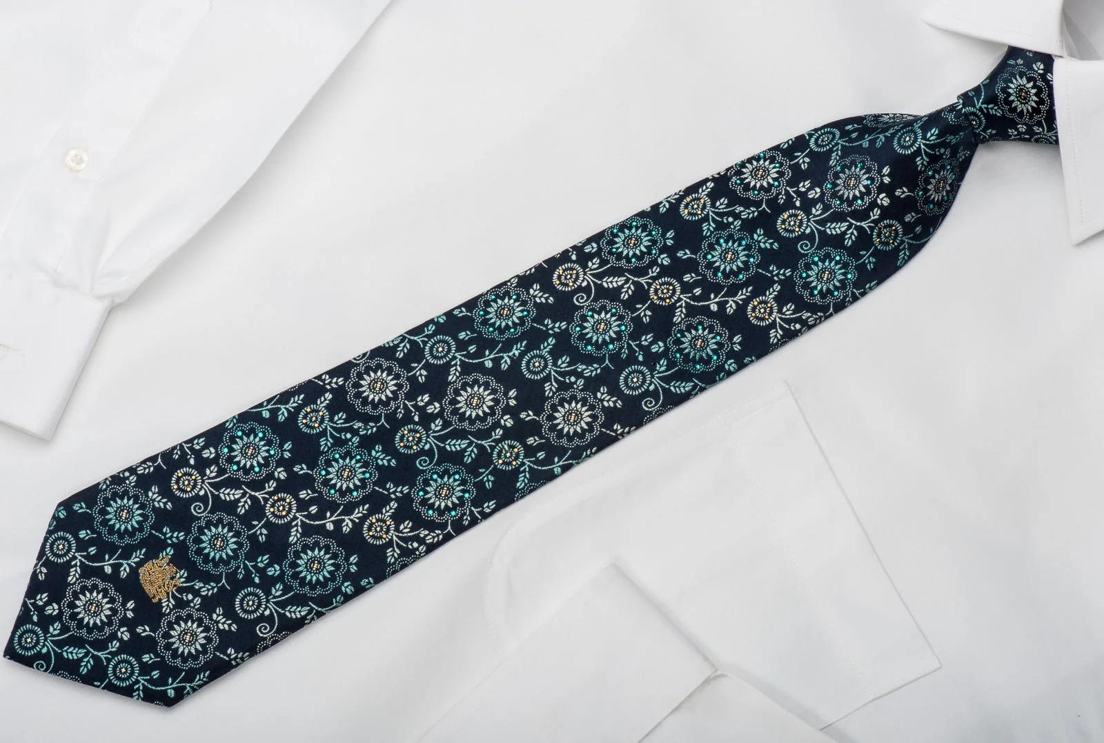 Aquascutum Rhinestone Necktie Turquoise Floral On Dark Blue With Sparkles - Image 4
