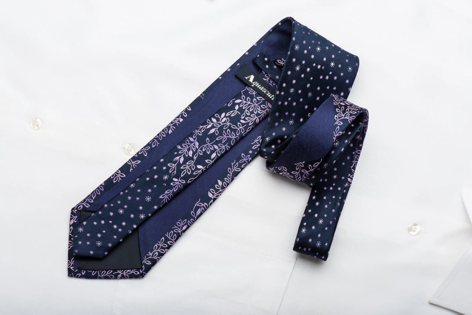 Aquascutum Mens Rhinestone Tie Purple Leaves On Navy Blue With Sparkles - Image 5