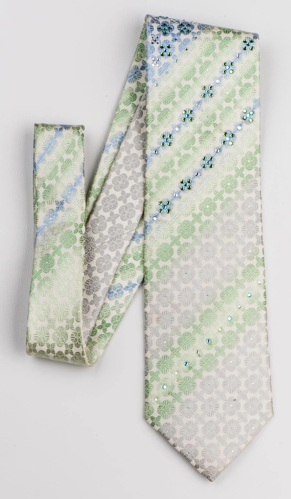 Aquascutum Silk Necktie Quatrefoil Light Green On White With Rhinestones - Image 6