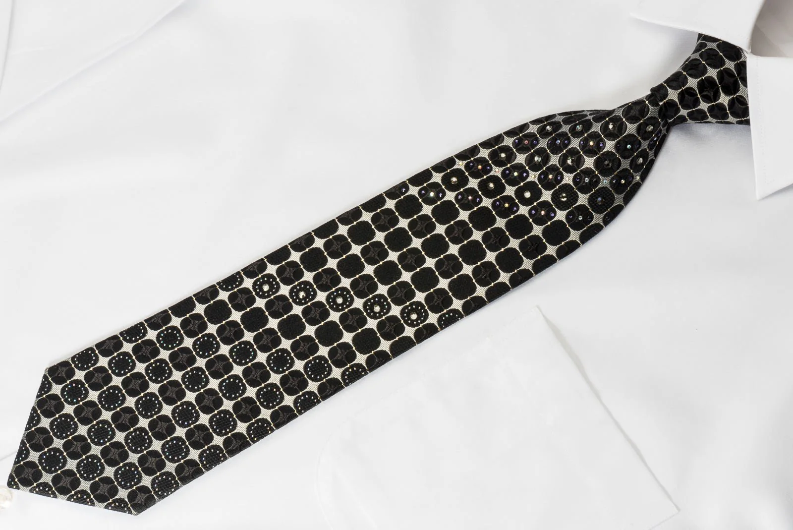 Aquascutum Silk Rhinestone Necktie Silver Black Geometric With Silver Sparkles - Image 3