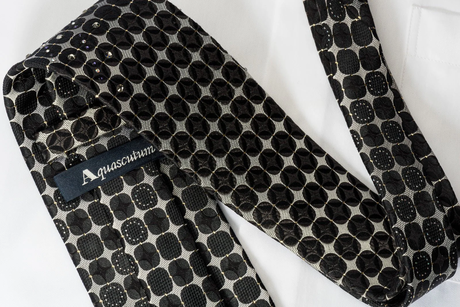 Aquascutum Silk Rhinestone Necktie Silver Black Geometric With Silver Sparkles - Image 4