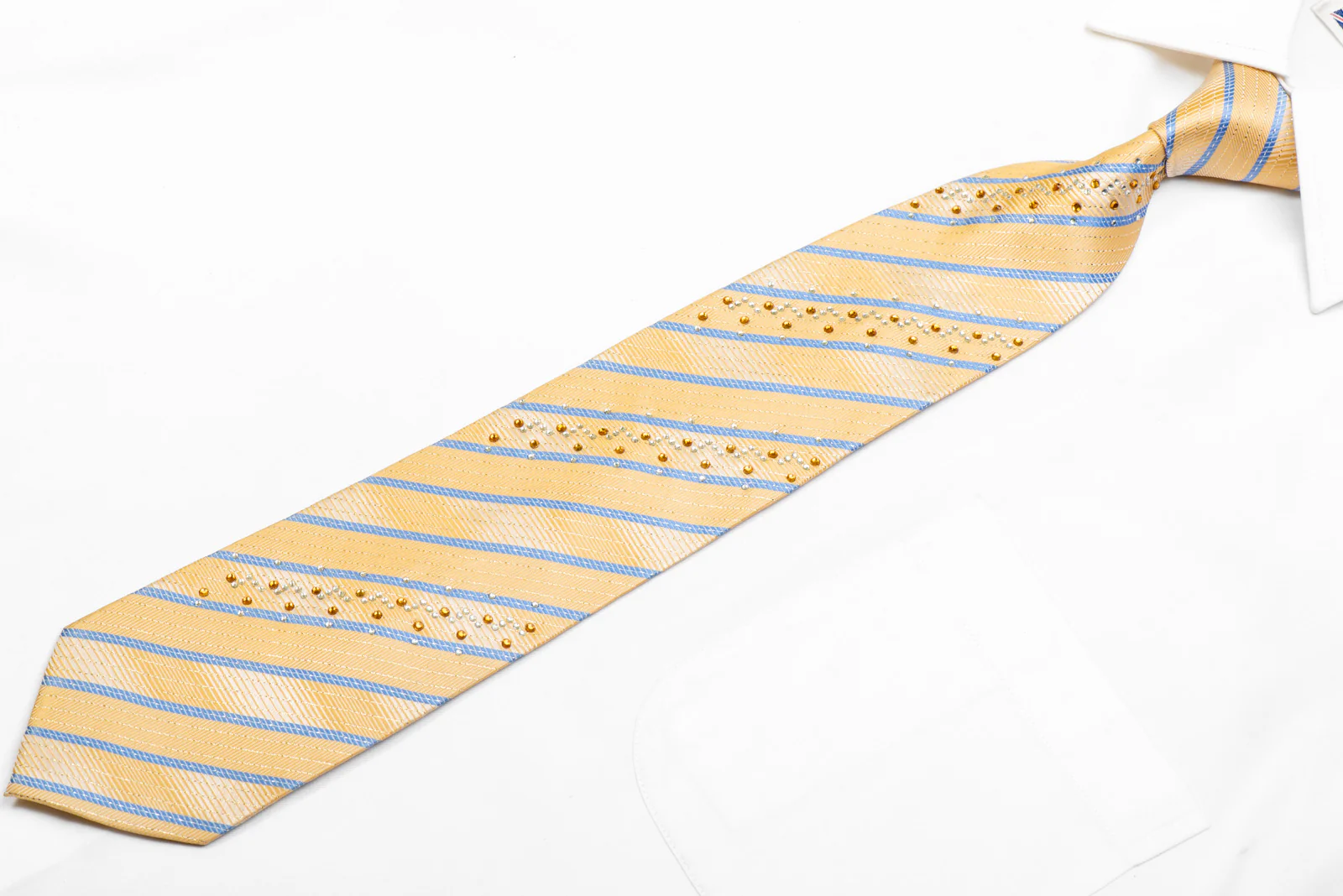 Armarichi Rhinestone Silk Necktie Blue Striped On Pale Yellow With Sparkles - Image 3