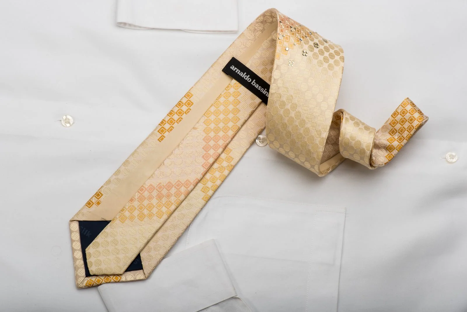 Arnaldo Bassini Mens Rhinestone Silk Necktie Geometric On Orange With Gold Sparkles - Image 5