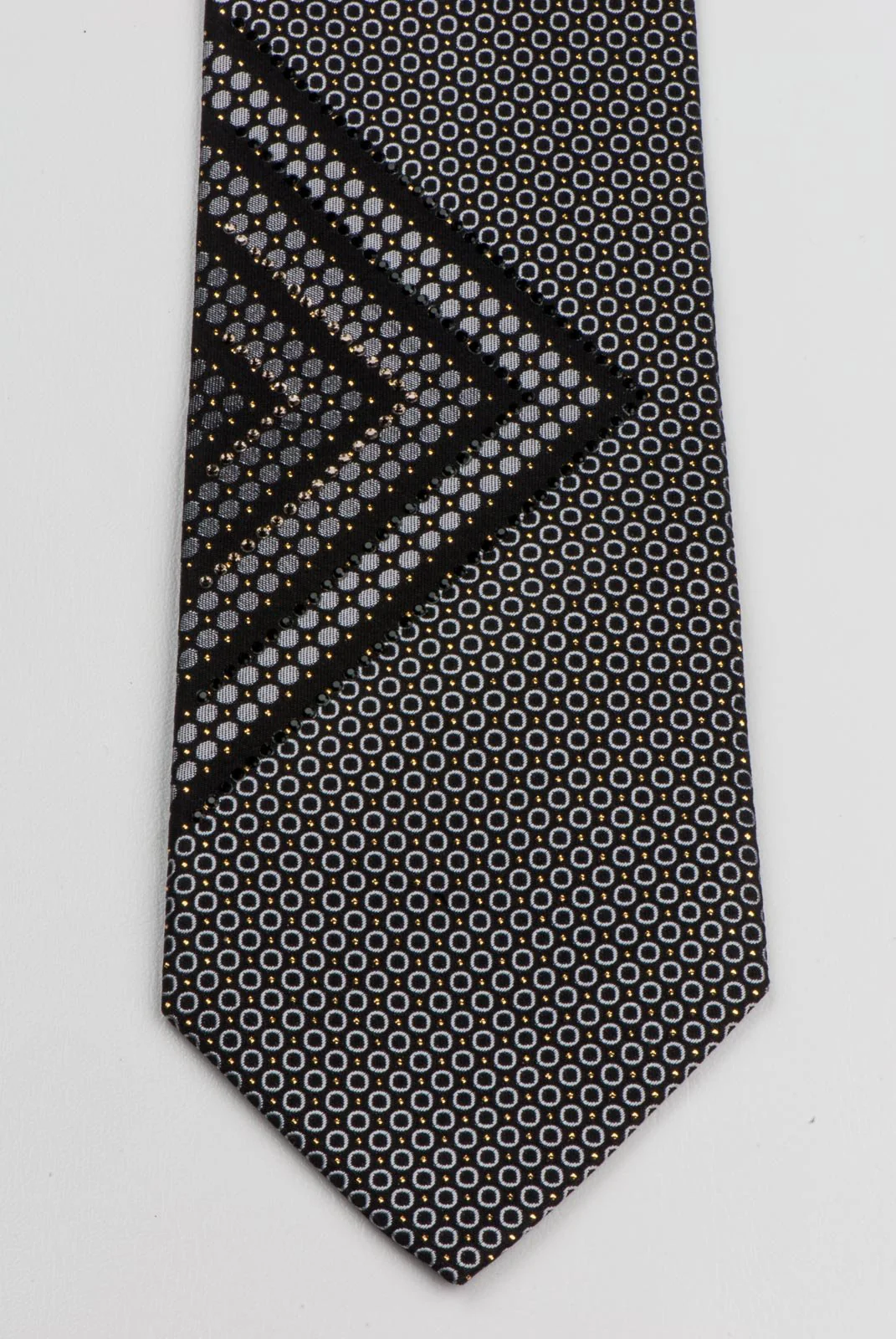 Arnaldo Bassini Silk Neck Tie Geometric Cirlcles On Black With Rhinestones - Image 6