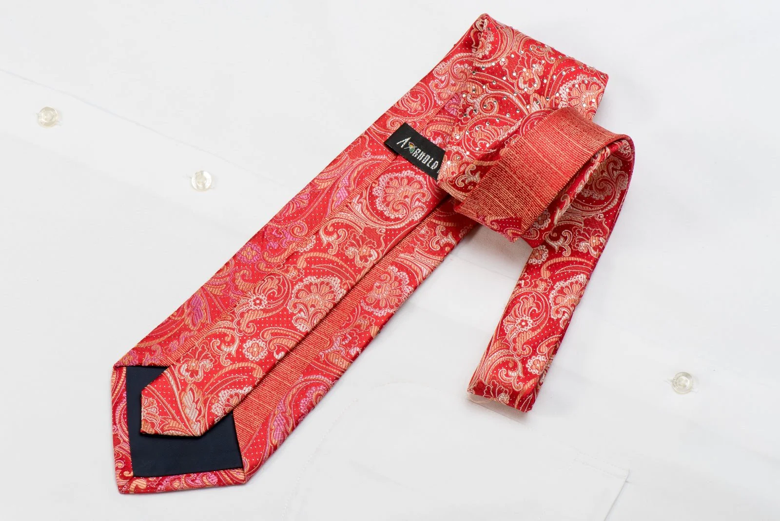 Arnold Palmer Men's Crystal Silk Necktie Acanthus On Red With Silver Sparkles - Image 4