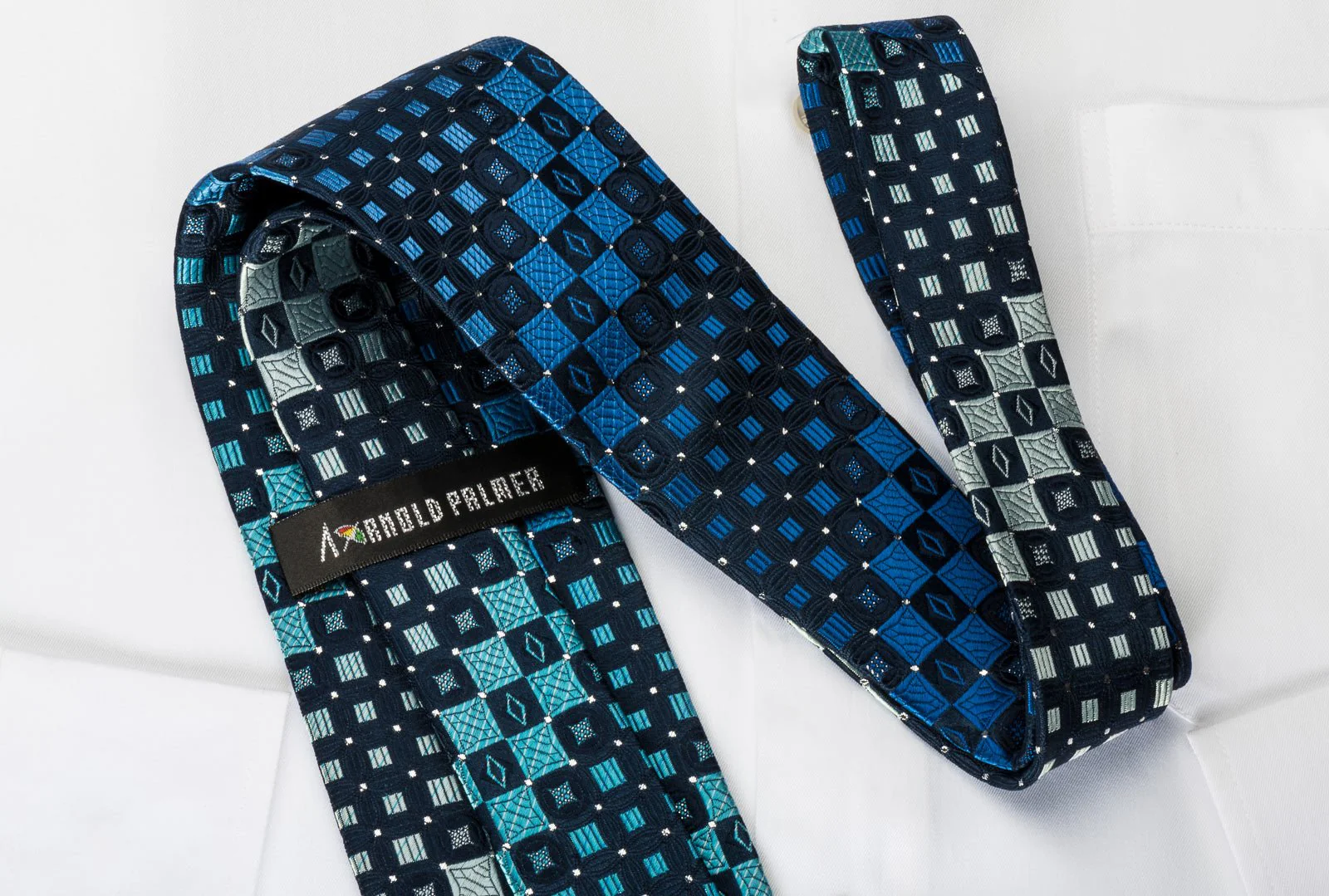 Arnold Palmer Rhinestone Silk Necktie Checkered On Blue With Silver Sparkles - Image 3