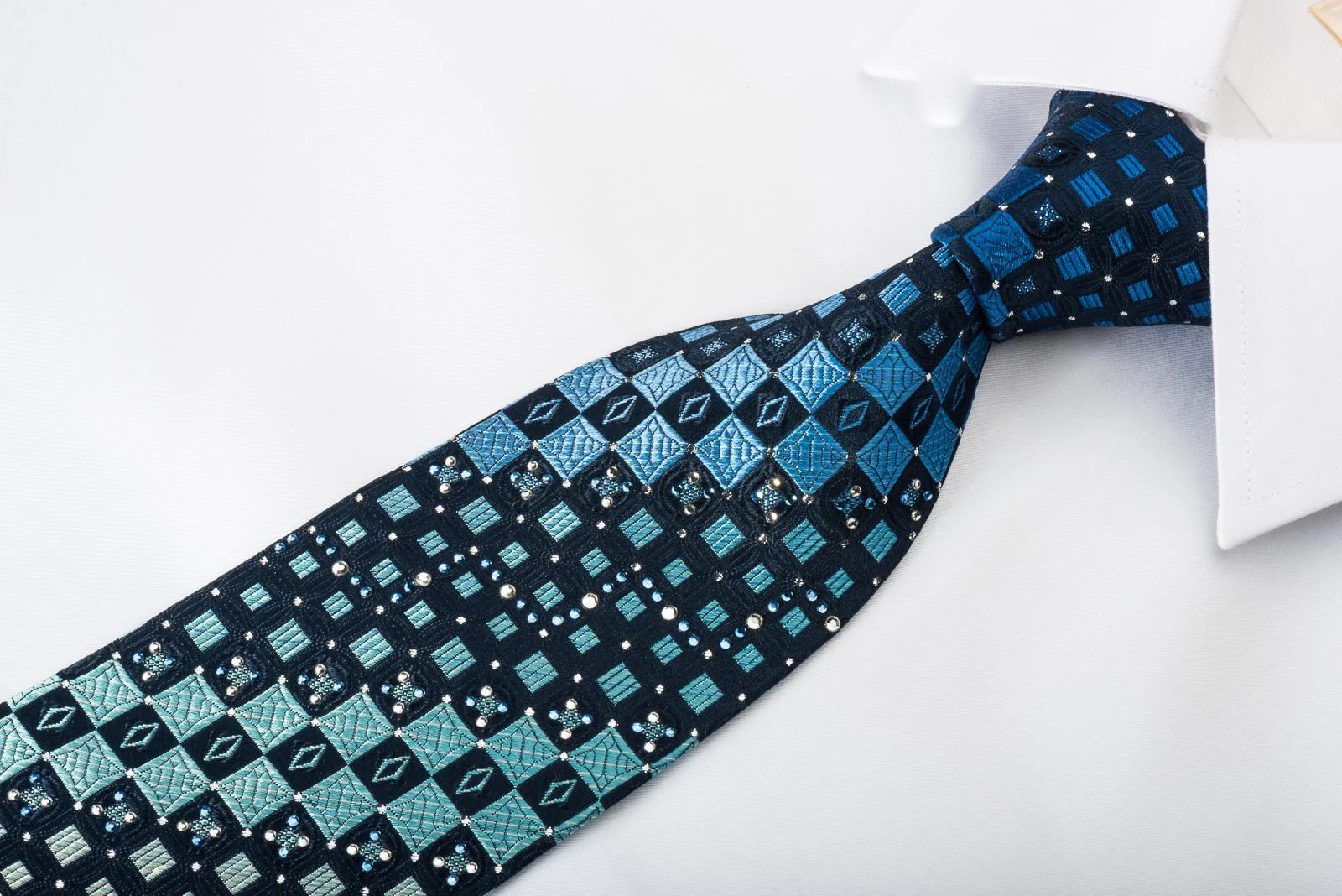 Arnold Palmer Rhinestone Silk Necktie Checkered On Blue With Silver Sparkles - Image 6