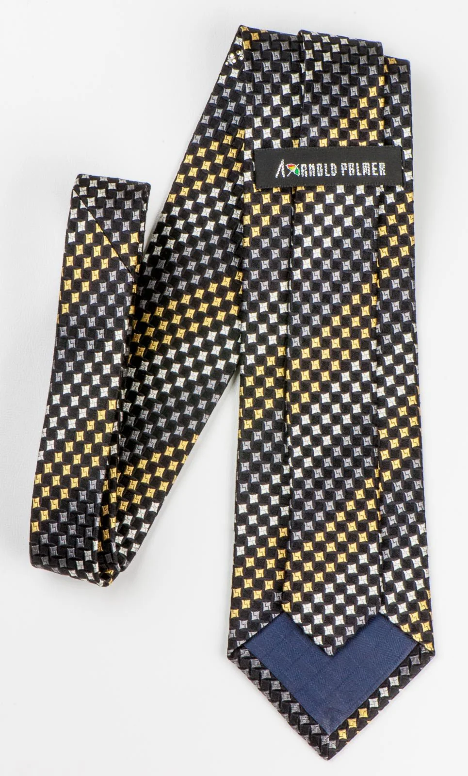 Arnold Palmer Silk Necktie Yellow Black Geometric Check Design With Rhinestones - Image 4