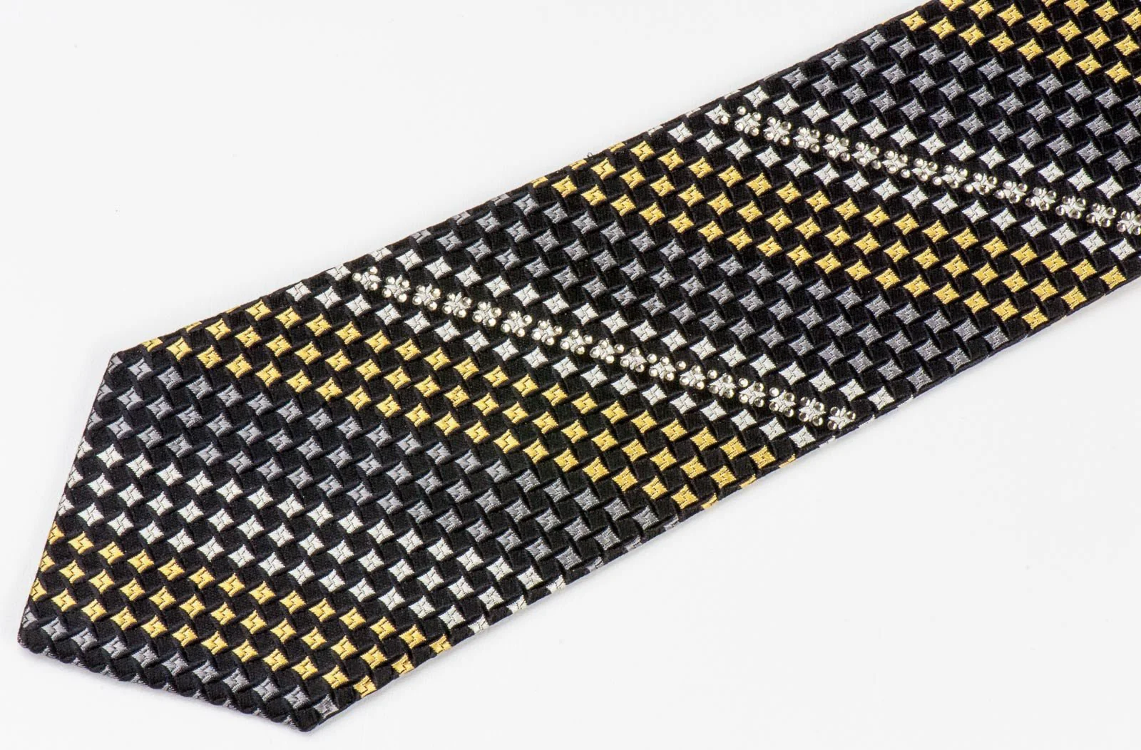 Arnold Palmer Silk Necktie Yellow Black Geometric Check Design With Rhinestones - Image 5