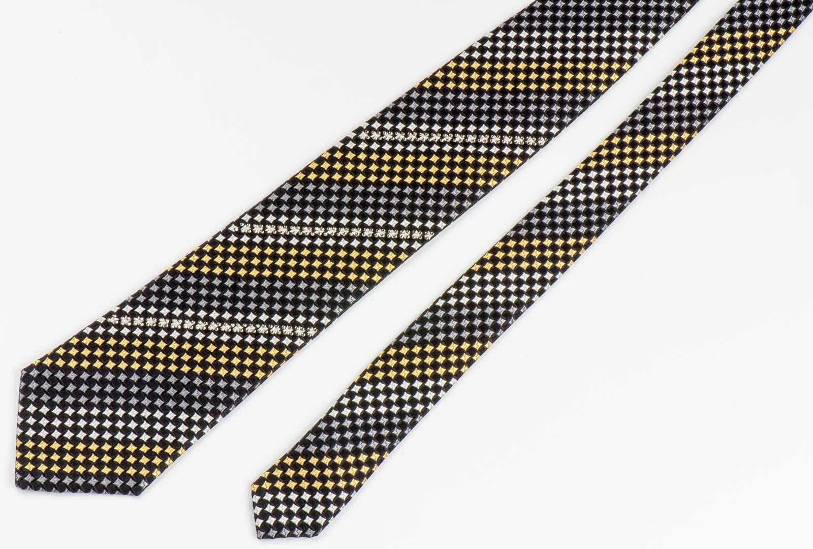 Arnold Palmer Silk Necktie Yellow Black Geometric Check Design With Rhinestones - Image 6
