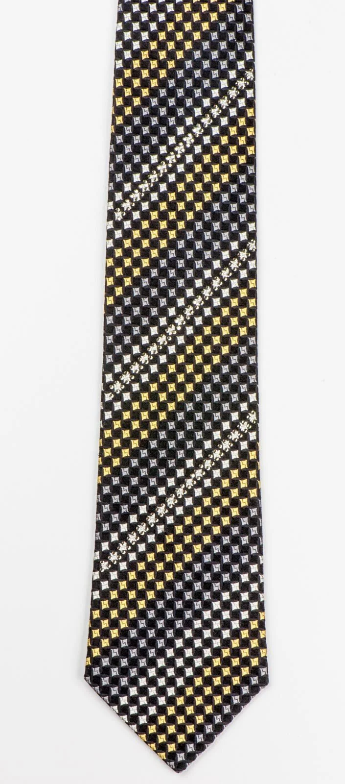 Arnold Palmer Silk Necktie Yellow Black Geometric Check Design With Rhinestones - Image 7
