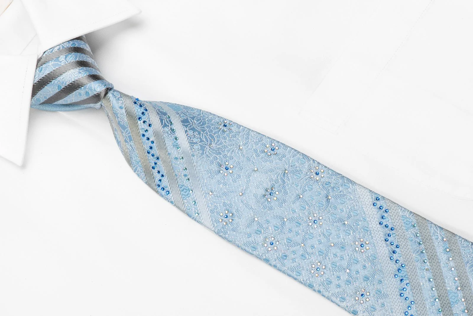 Arpeggio Men's Crystal Silk Necktie Silver Stripes & Floral On Blue With Sparkles - Image 3