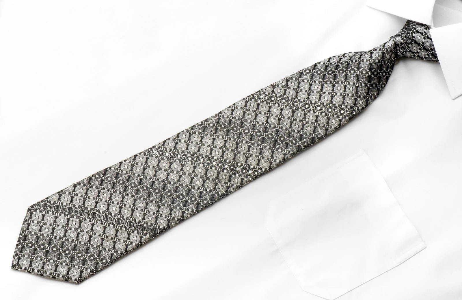 Arpeggio Men's Silk Rhinestone Tie Geometric Silver Circles On Black With Sparkles - Image 4