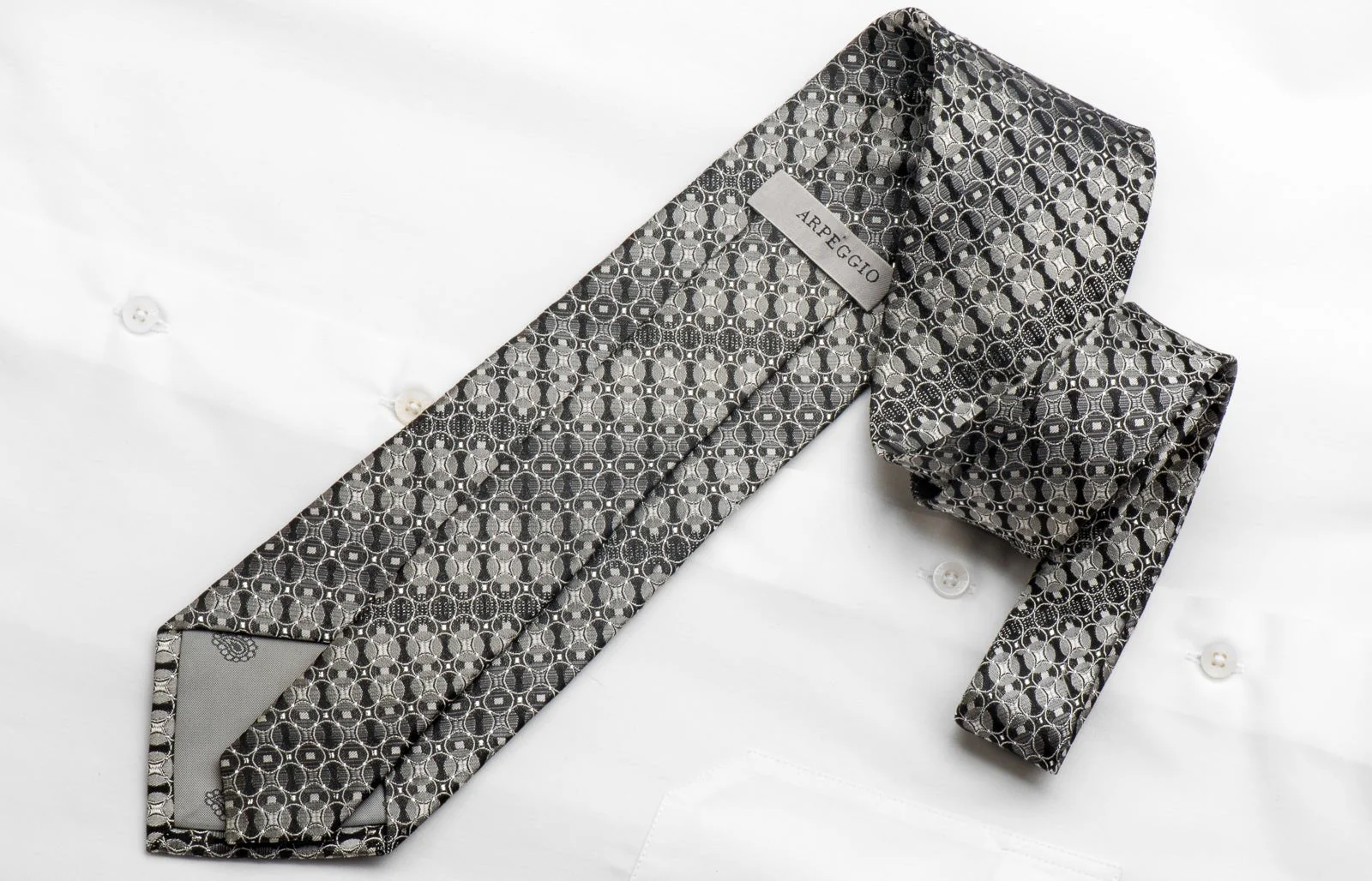 Arpeggio Men's Silk Rhinestone Tie Geometric Silver Circles On Black With Sparkles - Image 6