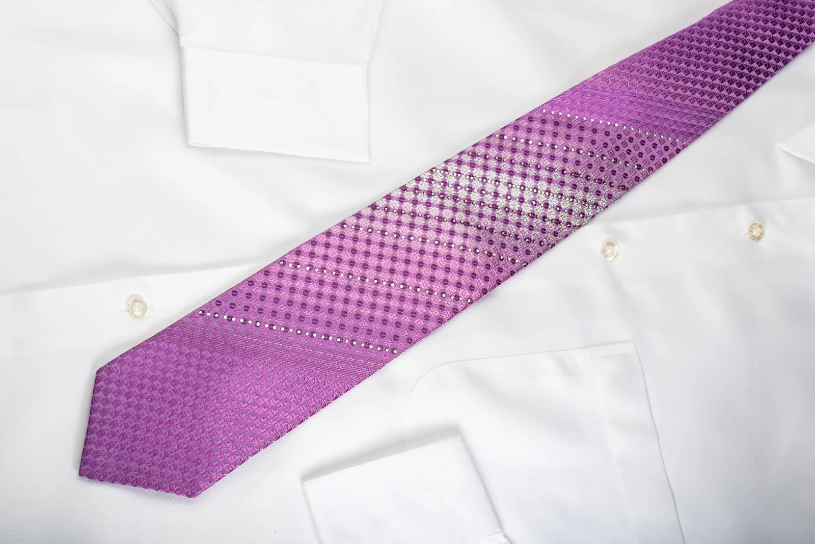 Arpeggio Rhinestone Silk Necktie Checker Dots On Purple With Silver Sparkles - Image 6