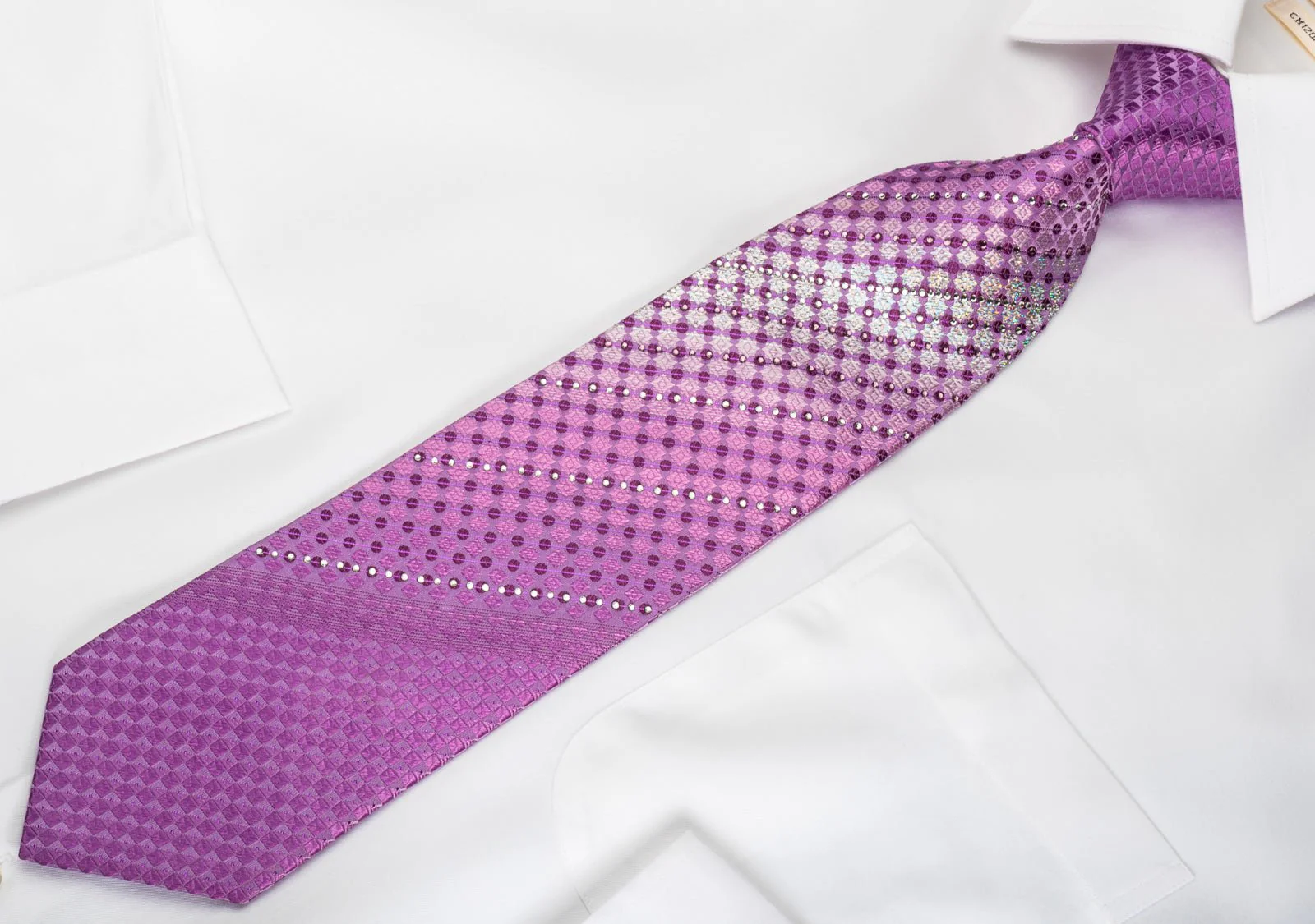 Arpeggio Rhinestone Silk Necktie Checker Dots On Purple With Silver Sparkles - Image 7