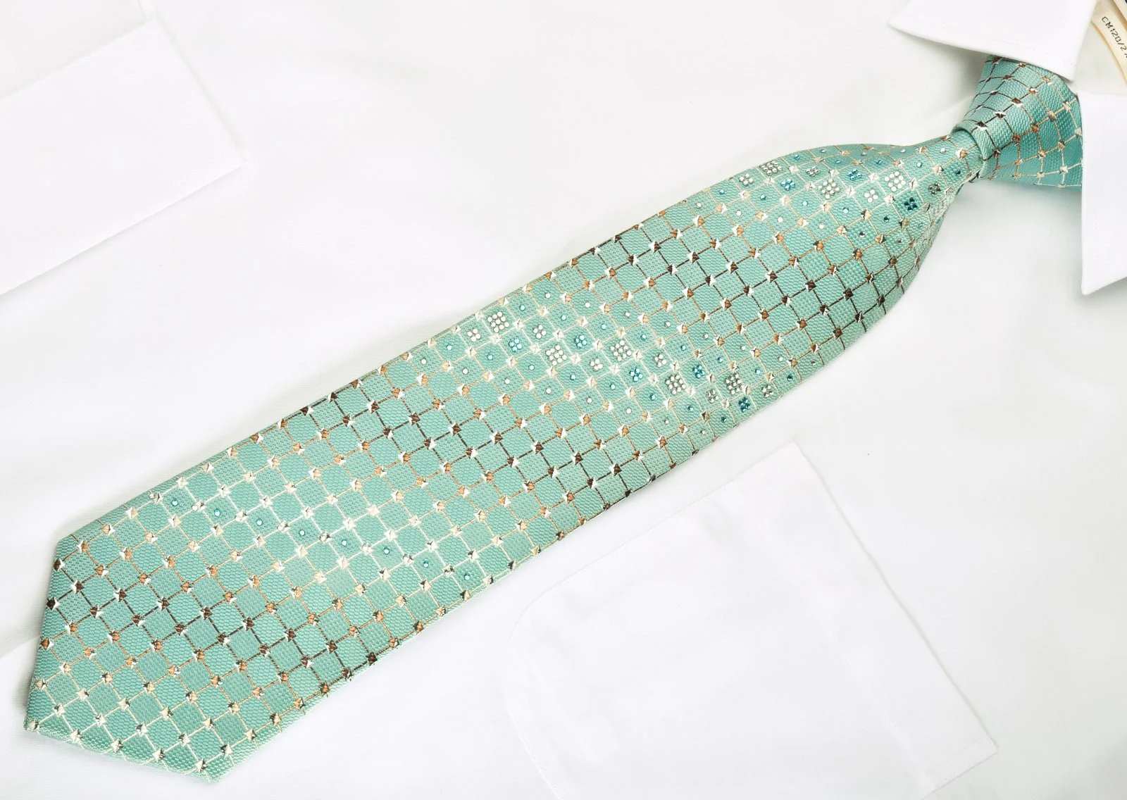 Arpeggio Rhinestone Silk Necktie Silver Trellis On Turquoise With Silver Sparkles - Image 3