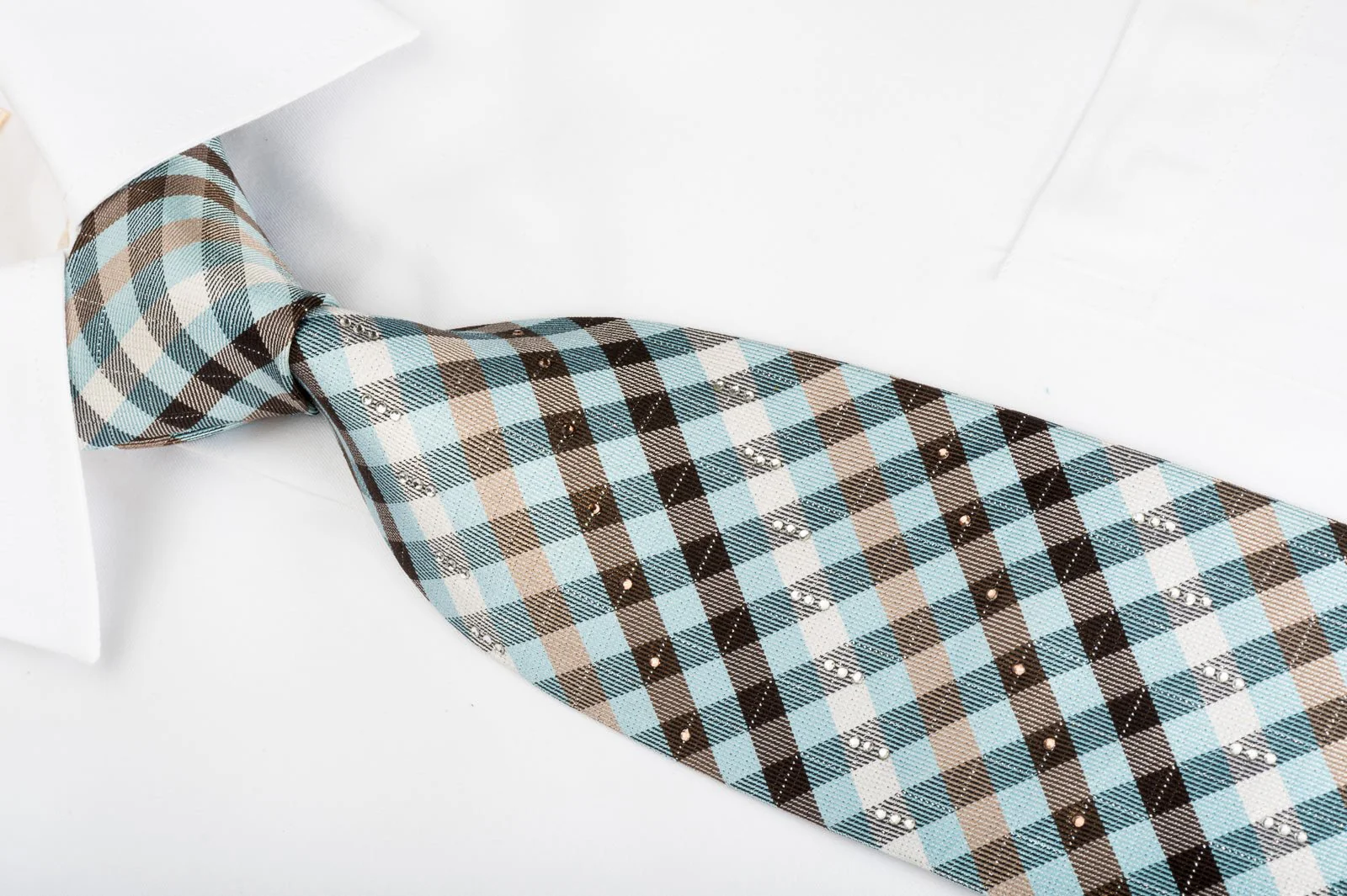 Arpeggio Silk Rhinestone Necktie Blue Brown White Plaid With Sparkles - Image 4
