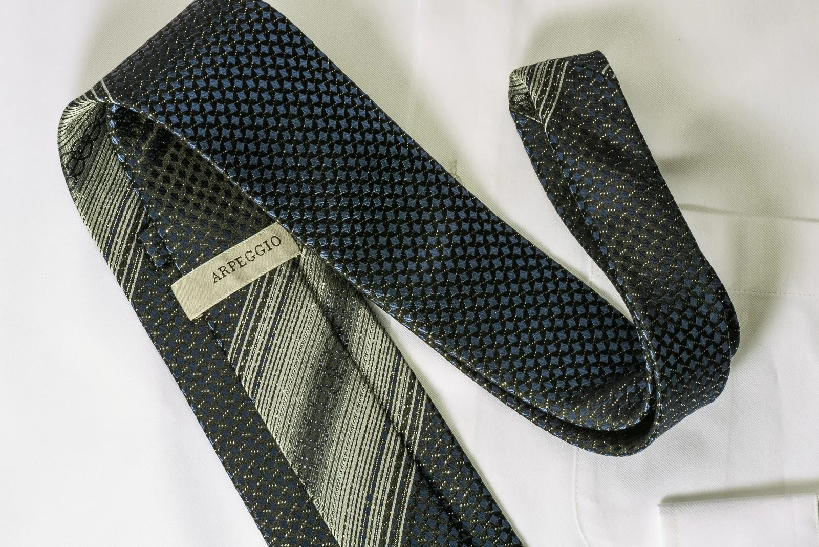 Arpeggio Silk Rhinestone Necktie Blue Geometric Squares & Silver Stripes On Black With Sparkles - Image 3