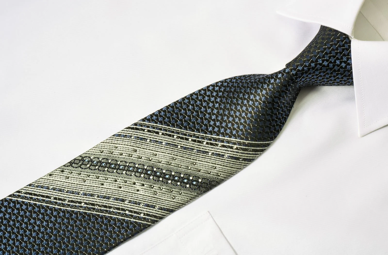 Arpeggio Silk Rhinestone Necktie Blue Geometric Squares & Silver Stripes On Black With Sparkles - Image 4