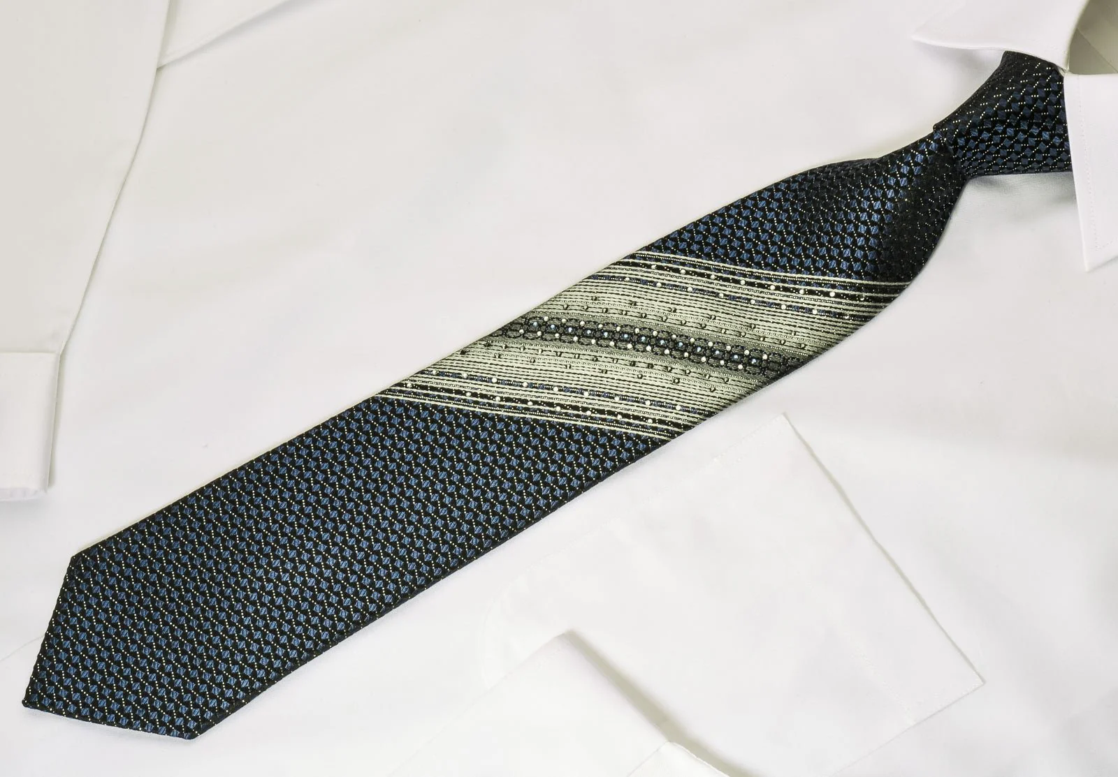 Arpeggio Silk Rhinestone Necktie Blue Geometric Squares & Silver Stripes On Black With Sparkles - Image 5