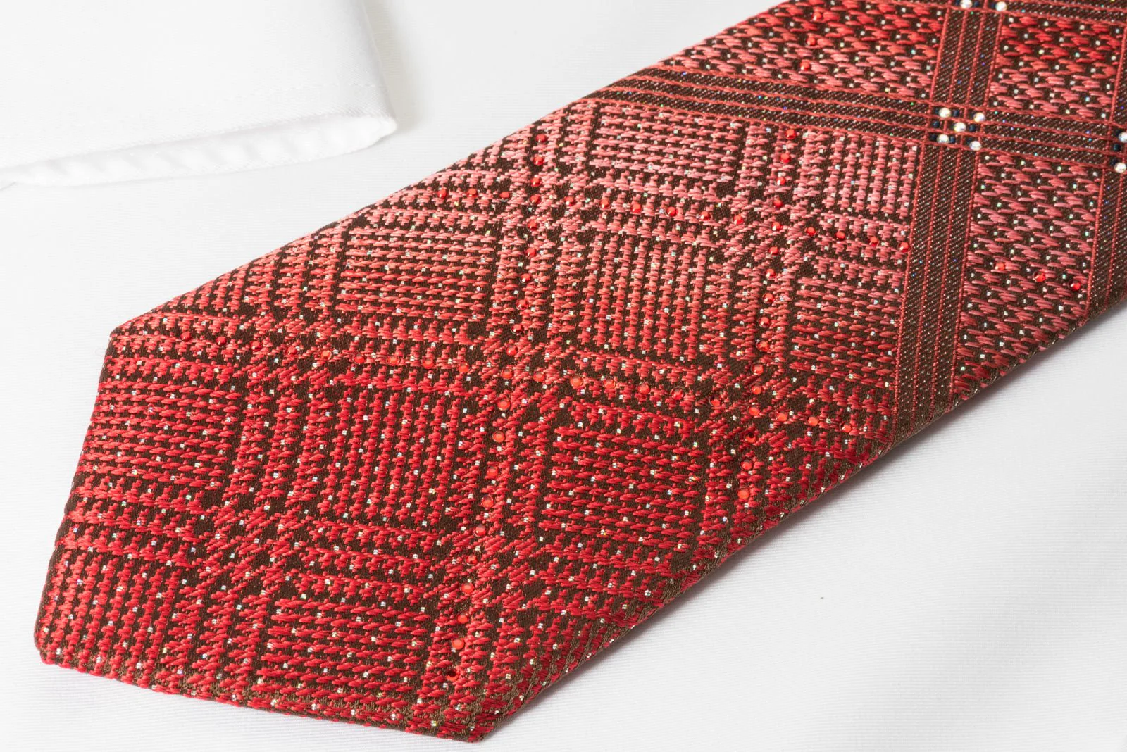 Arpeggio Silk Rhinestone Necktie Plaids On Burgundy With Silver Sparkles - Image 4