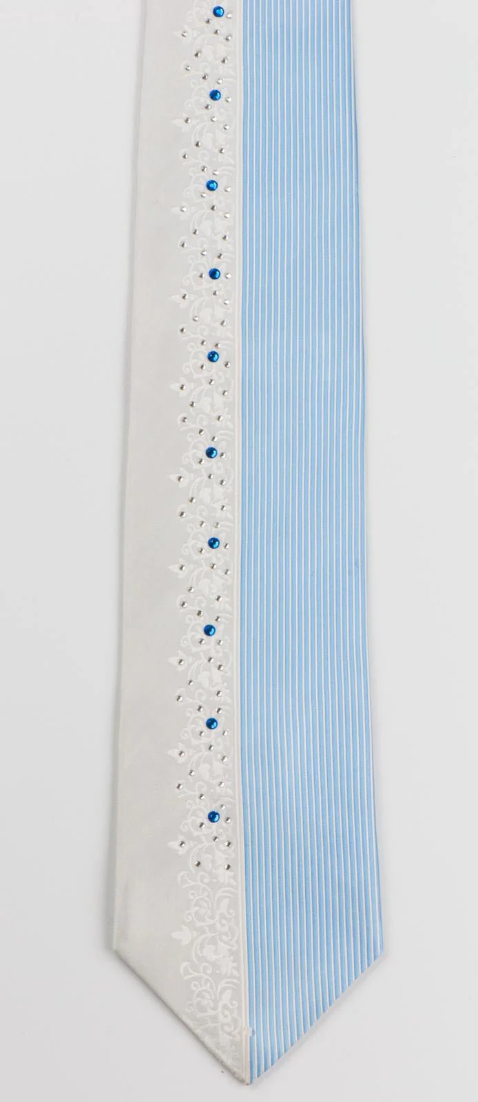 Arrow Silk Rhinestone Tie Vertical Blue Striped On White With Vines Rhinestones - Image 5
