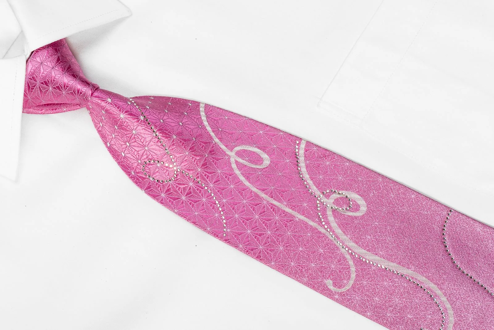 Austin Reed Men's Crystal Rhinestone Silk Necktie Scrolls On Pink With Silver Sparkles - Image 3