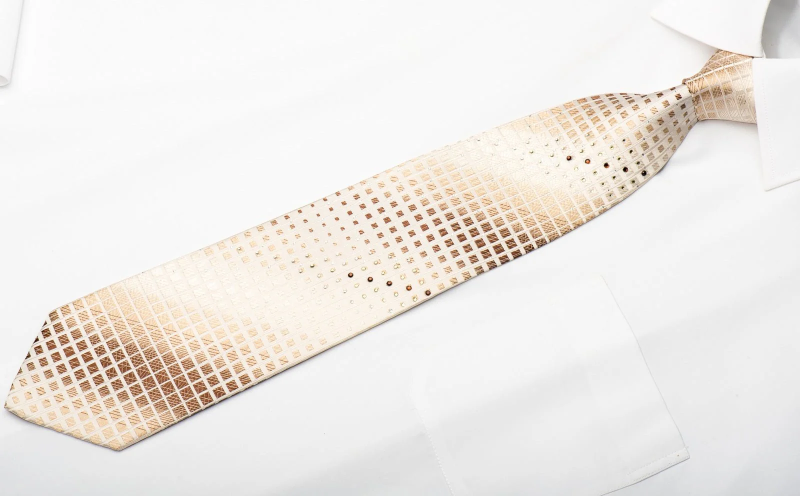 Austin Reed Men's Silk Necktie Brown Squares On Beige Sparkling With Rhinestones - Image 4