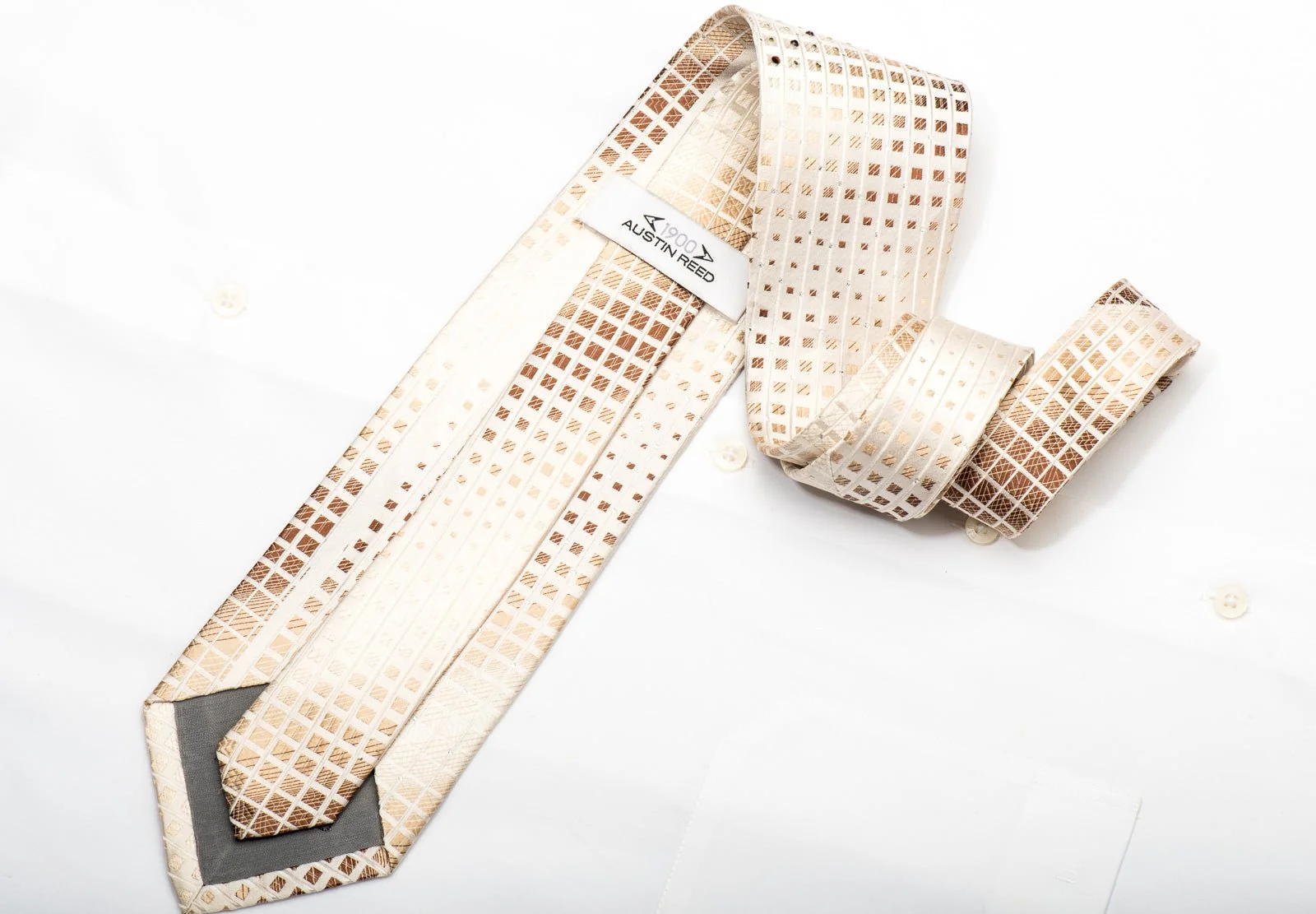 Austin Reed Men's Silk Necktie Brown Squares On Beige Sparkling With Rhinestones - Image 5
