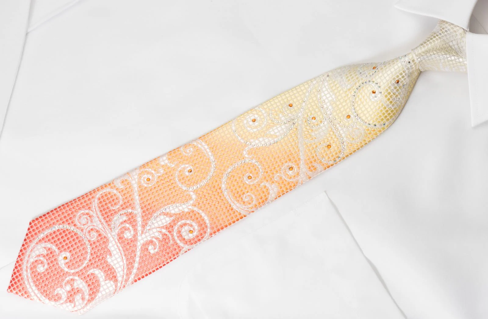 Austin Reed Men's Silk Rhinestone Necktie Scrolls On Orange With Silver Sparkles - Image 4