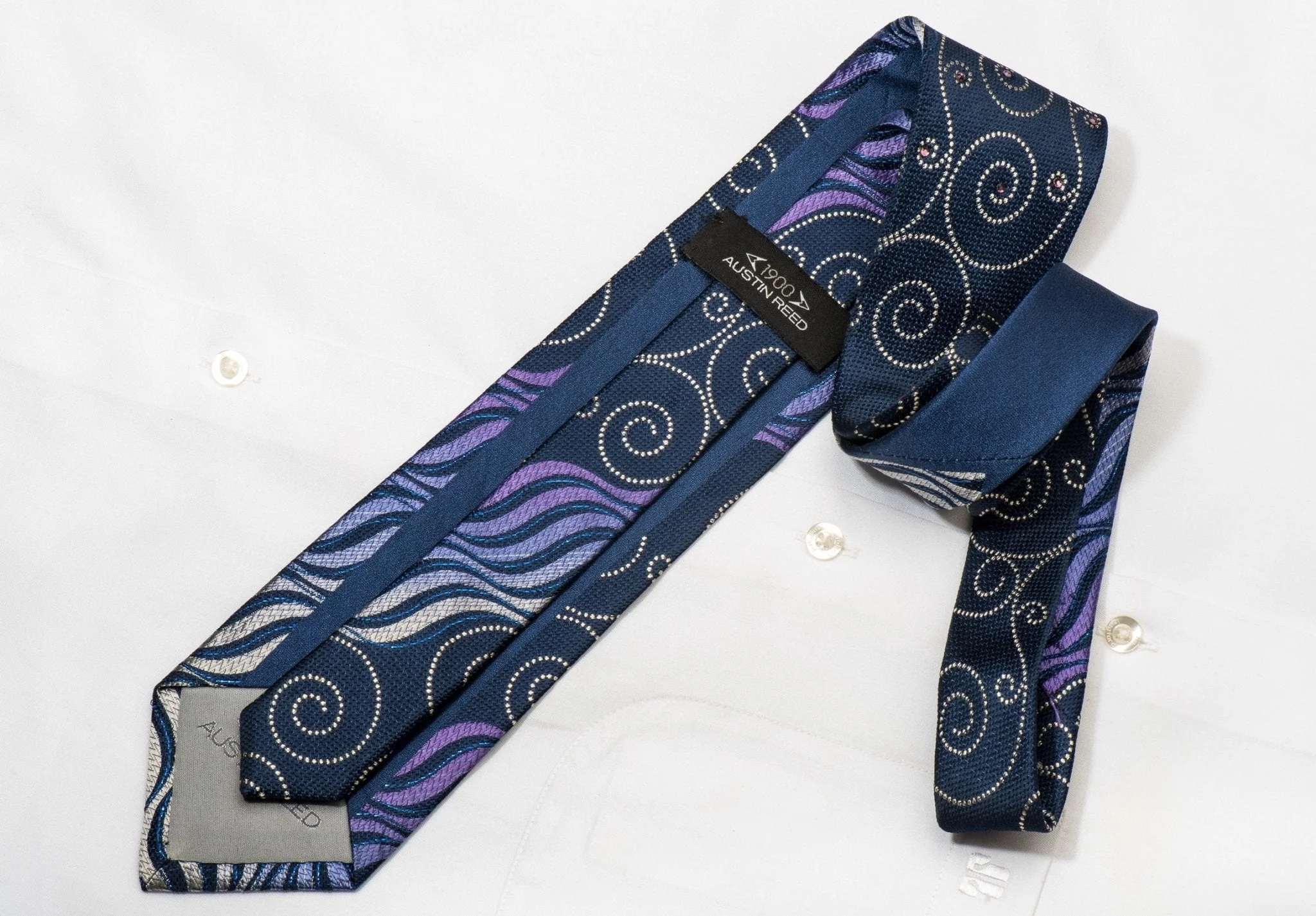 Austin Reed Men's Silk Rhinestone Necktie Scrolls & Waves On Blue With Sparkles - Image 3