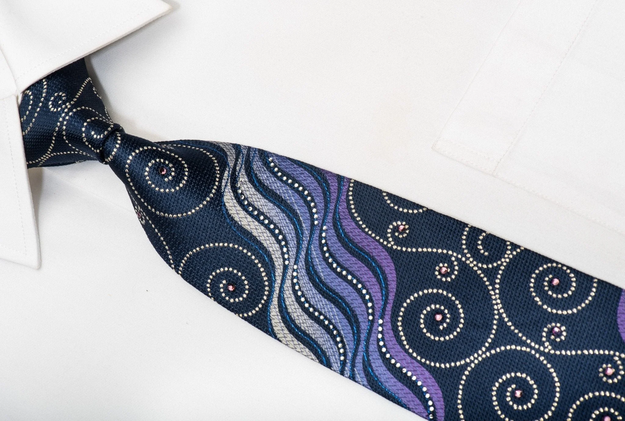 Austin Reed Men's Silk Rhinestone Necktie Scrolls & Waves On Blue With Sparkles - Image 4