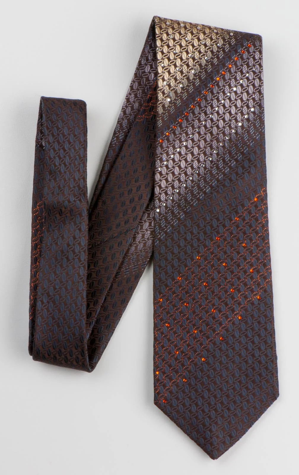 Austin Reed Men's Silk Rhinestone Tie Elegant Oval Pattern On Brown With Copper Sparkles - Image 5