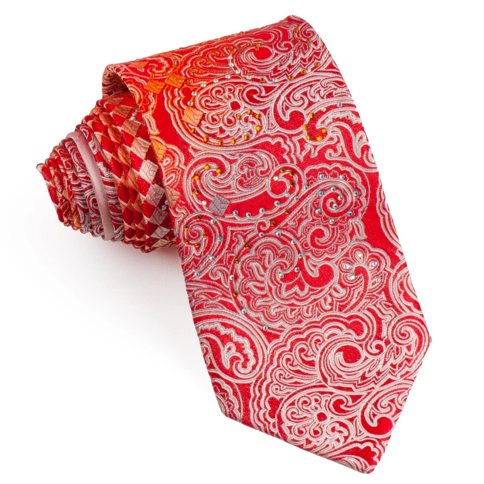 Austin Reed Men's Silk Rhinestone Tie Silver Orange Paisley & Checker On Red