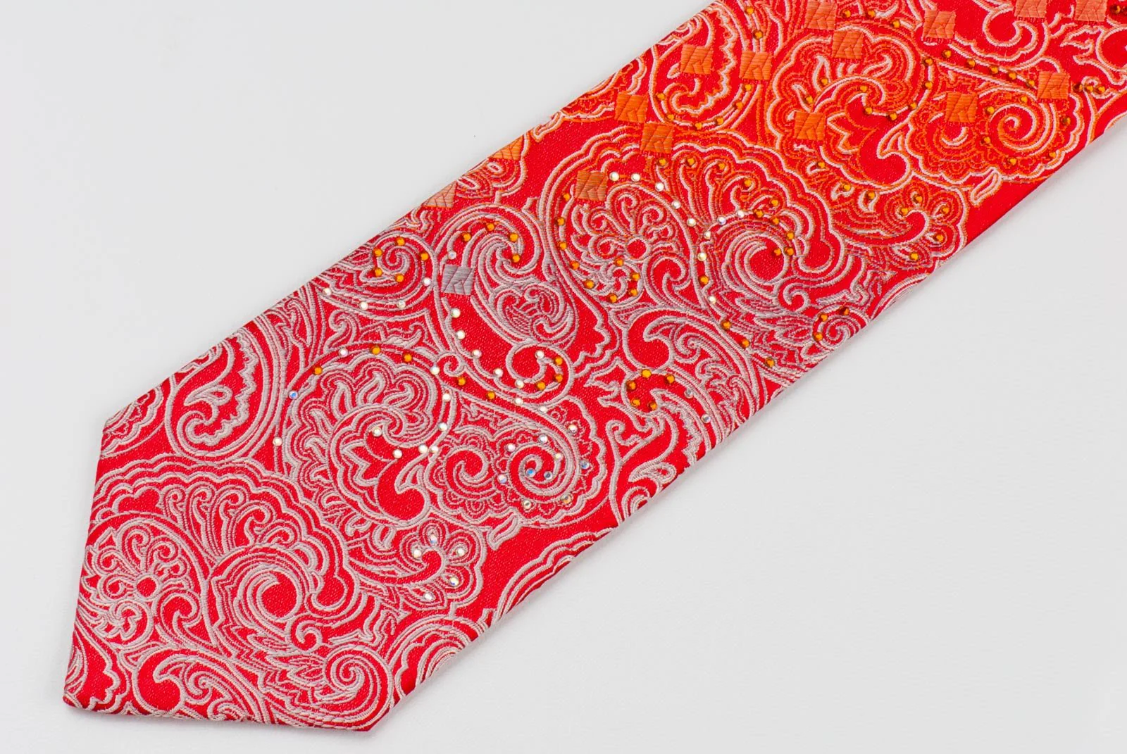 Austin Reed Men's Silk Rhinestone Tie Silver Orange Paisley & Checker On Red - Image 2